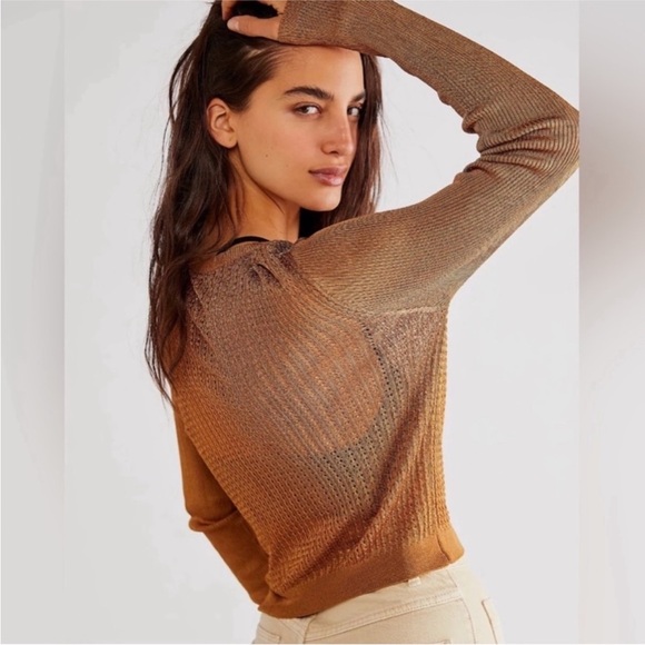 Free People H2O Crew Pullover Open Stitch Knit Top Gold XS OB1505557 - Picture 2 of 3